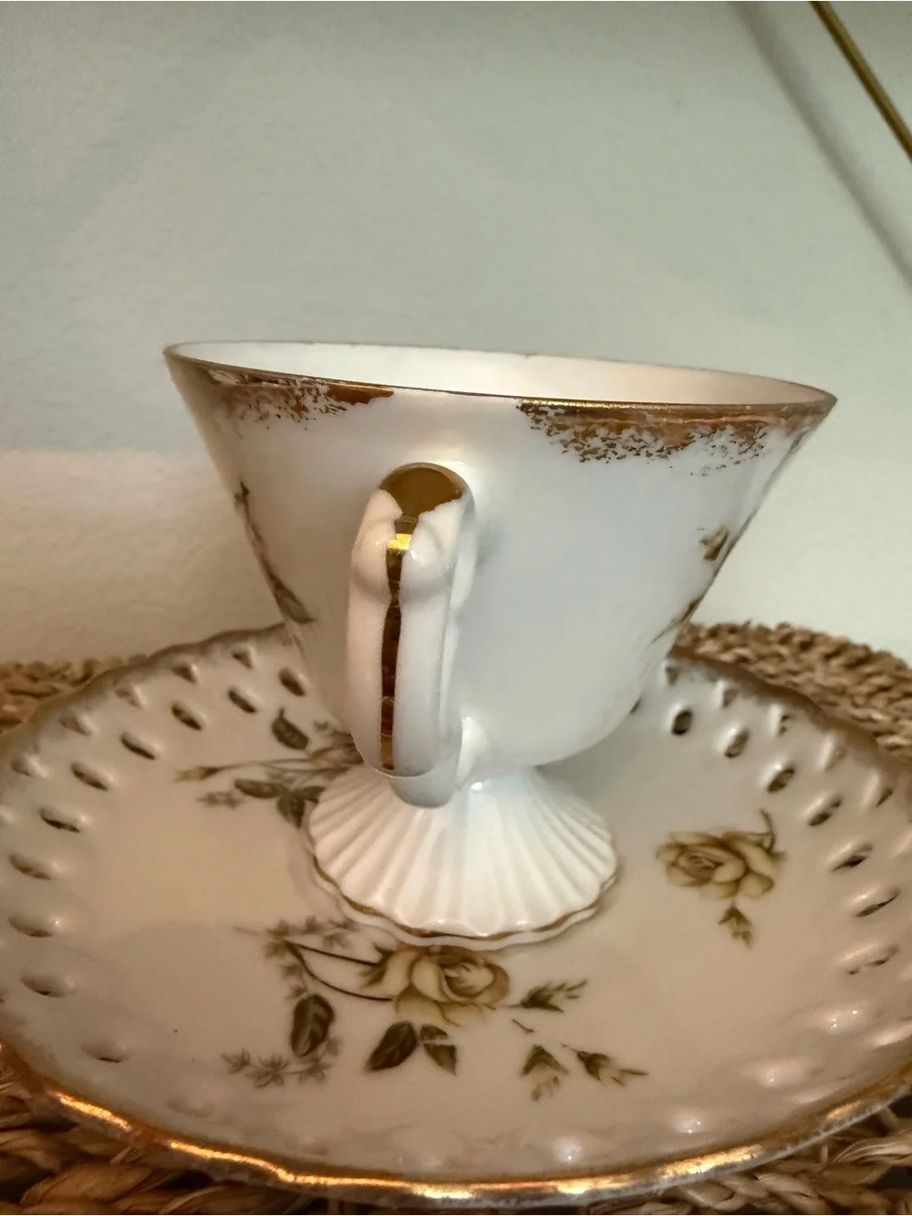 VTG Made in Japan Pedestal Tea Cup & Reticulated Saucer Set Gold Yellow Rose